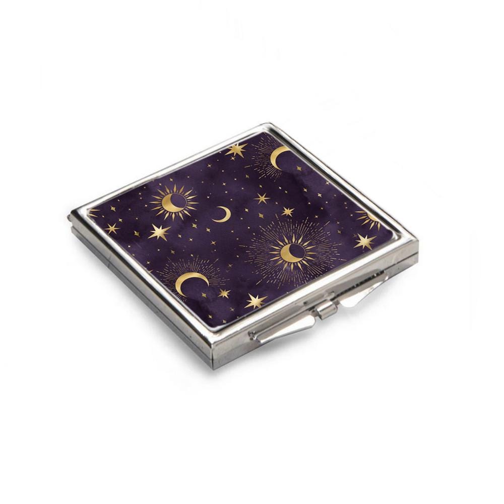 4 Piece Gift Set - Mirror, Magnet, Keyring & Pin Badge - Purple and Gold Moon, Stars