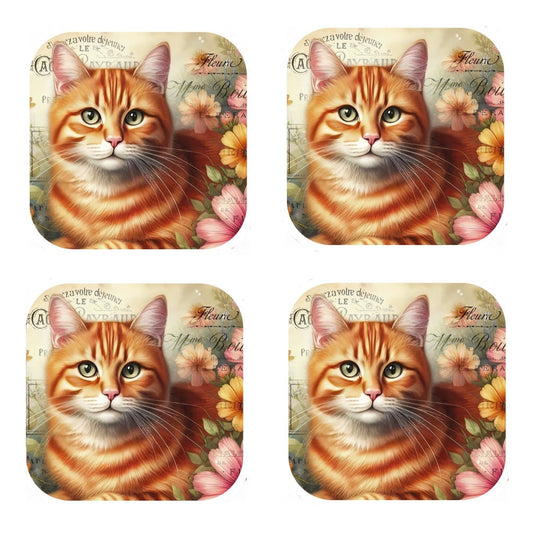 Set Of 4 - Cork Backed Coasters - Vintage Ginger Cat