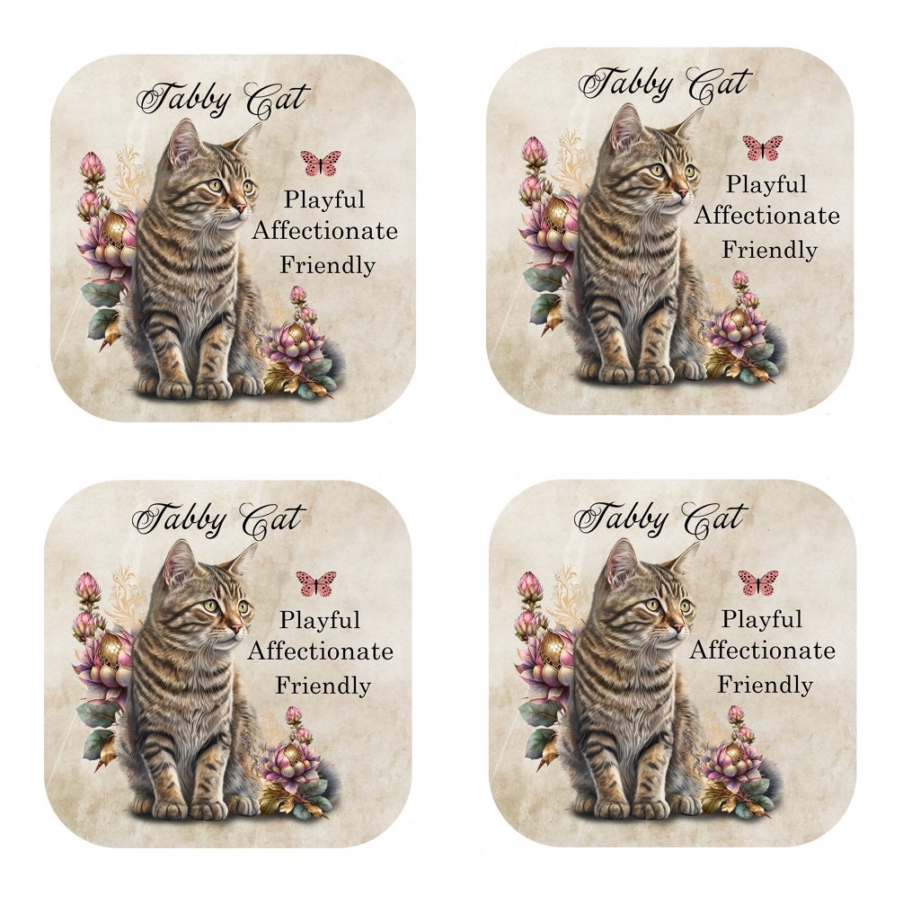 Tabby Cat Coasters: Cork Backed, Set of 4