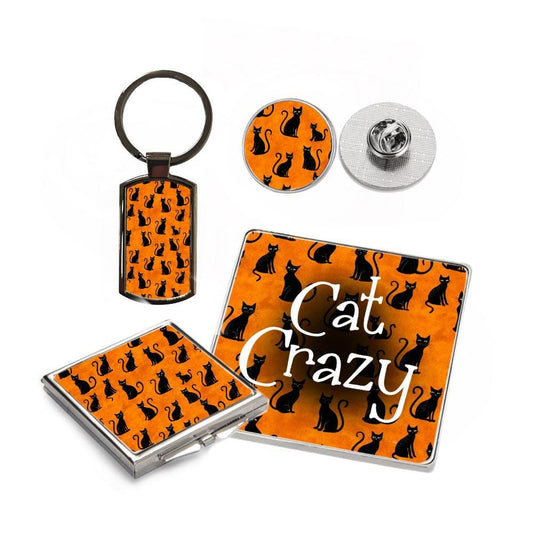 4 Piece Gift Set - Mirror, Magnet, Keyring & Pin Badge - Black and Orange Cats