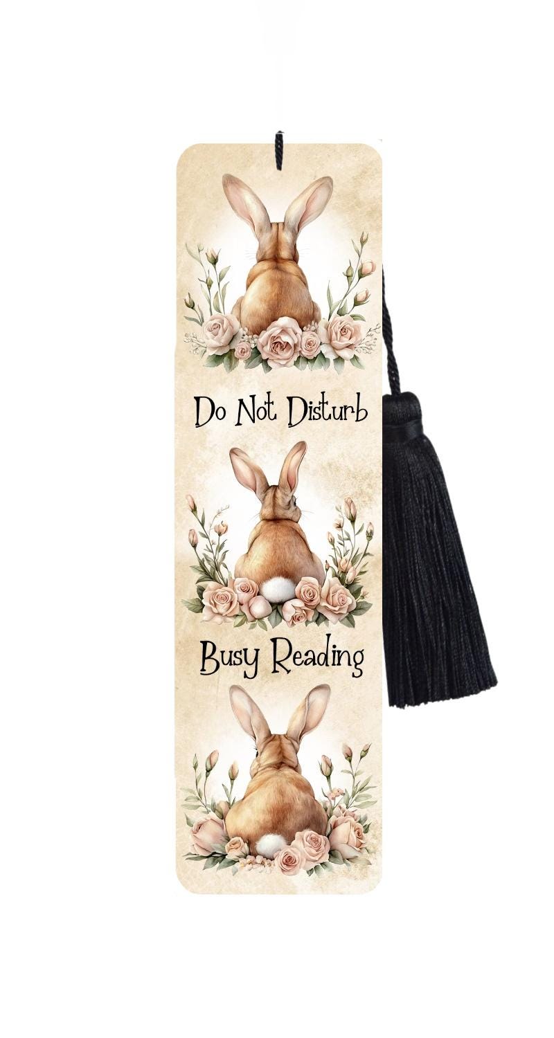 Large Metal Bookmark With Tassel - Bunny Rabbits - Rabbit Bookmark - Do Not Disturb