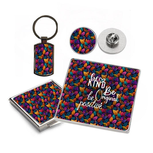 4 Piece Gift Set - Mirror, Magnet, Keyring & Pin Badge - Colourful Leaves