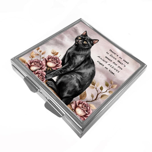 Black Cat & Roses - Square Pill Box - Motivational Quote, Things Will Arrive On Time