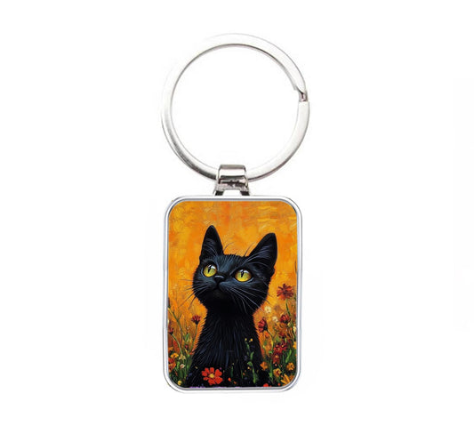 Silver Metal Cat Keyring - Little Black Cat & Flowers