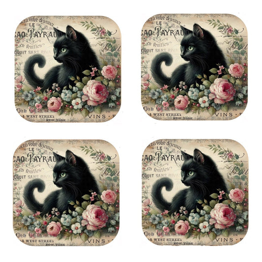 Set Of 4 - Cork Backed Coasters - Vintage Black Cat