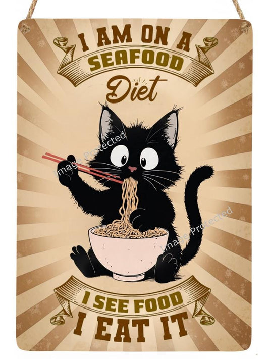 Funny Black Cat Metal Sign: Seafood Diet, Handmade Hanging Decor