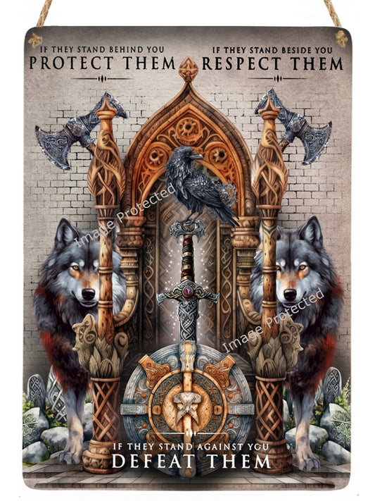Hanging Metal Sign Viking, Wolf, Axe - If The Stand Beside You, Respect Them...