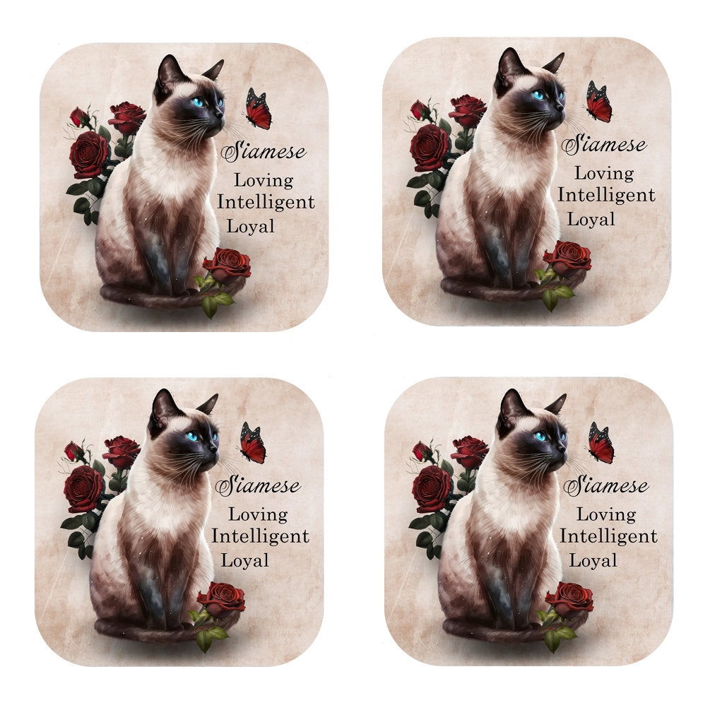 Siamese Cat Coasters - Set of 4 Cork-Backed Drink Coasters