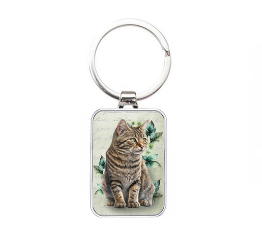 Silver Metal Keyring - Tabby Cat