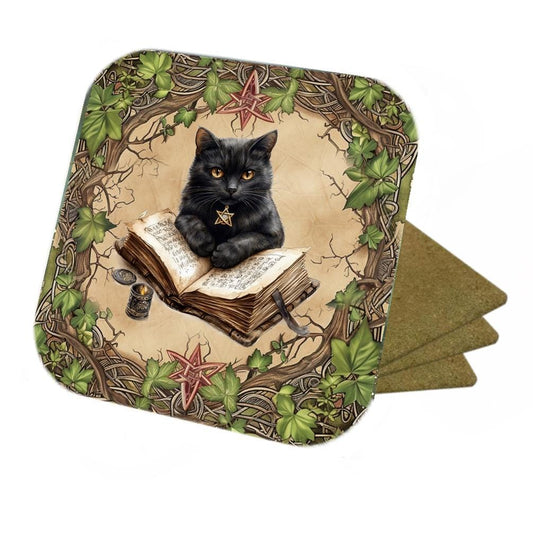 Set Of 4 - Witches Cat & Spell Book - Cork Backed Coasters