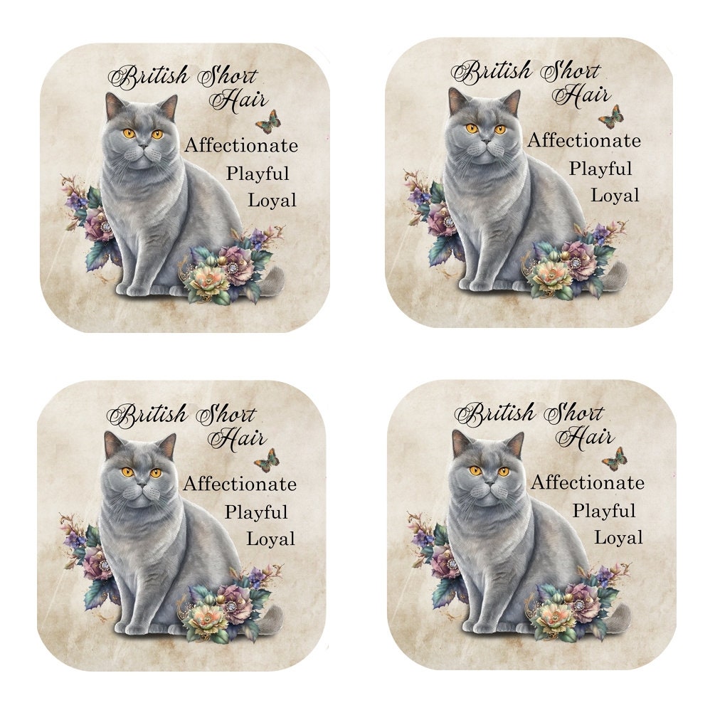 British Shorthair Cat Coasters - Set of 4 Cork-Backed Coasters