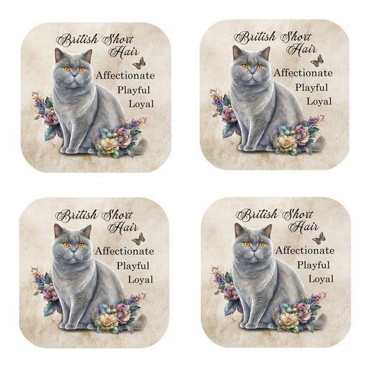 British Shorthair Cat Coasters - Set of 4 Cork-Backed Coasters
