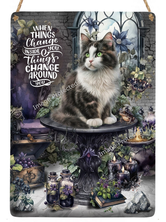 Handmade Black Cat Metal Sign: Motivational Art (20cm x 15cm)