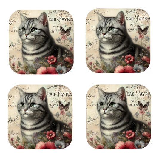 Set Of 4 - Cork Backed Coasters - Vintage Grey Tabby Cat