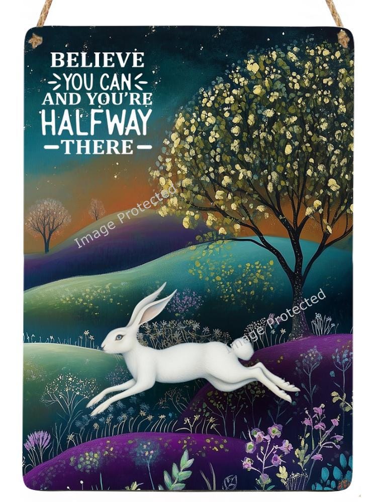 Hanging Metal Sign - Mystic Hare - Motivational Quote, Believe and You're Halfway There