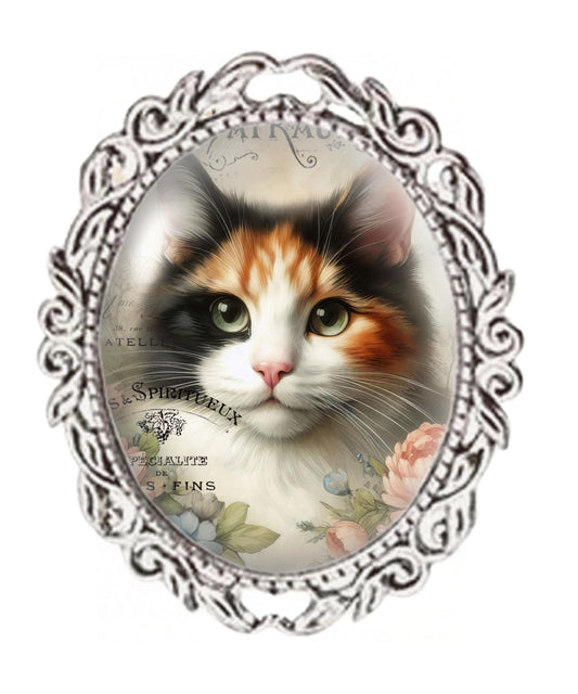 Vintage Calico Cat Brooch: Silver Color Oval Glass Cabochon
