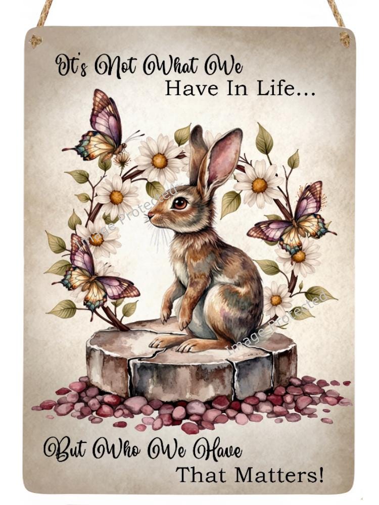 Handmade Rabbit & Butterflies Metal Sign - Home Decor (20cm x 15cm)
