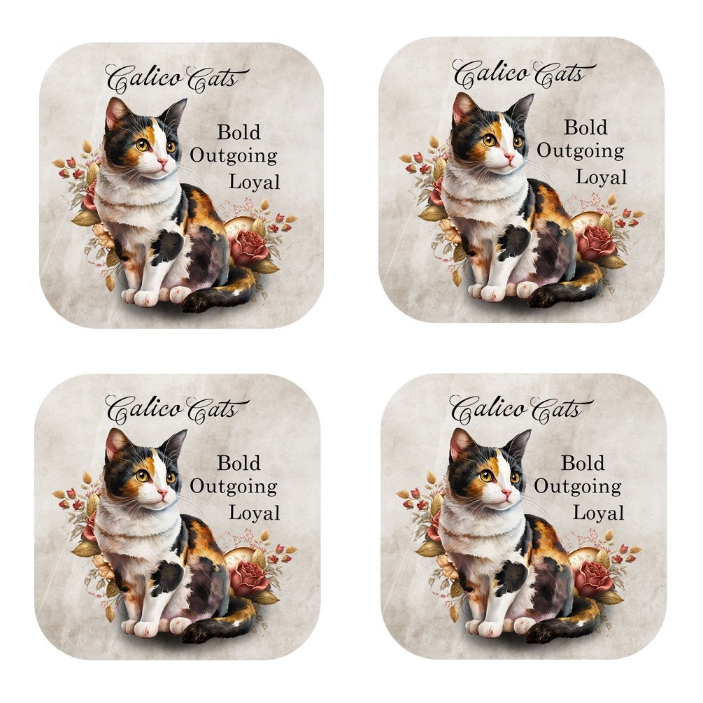 Calico Cat Coasters: Cork Backed, Set of 4