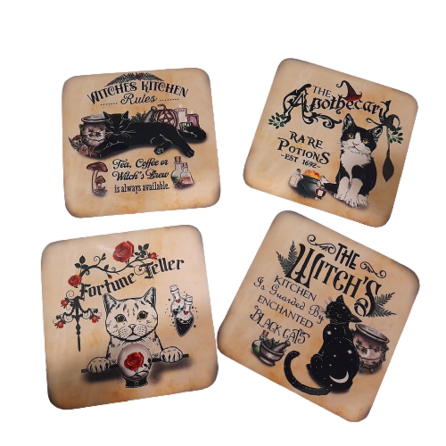 Witches Cats Cork Coasters: Fortune Teller, Apothecary - Set of 4