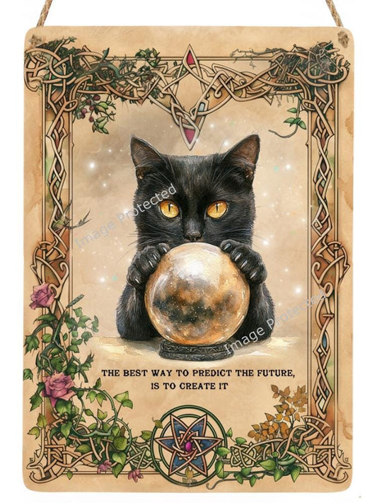 Black Cat & Crystal Ball Hanging Metal Sign - Handmade UK
