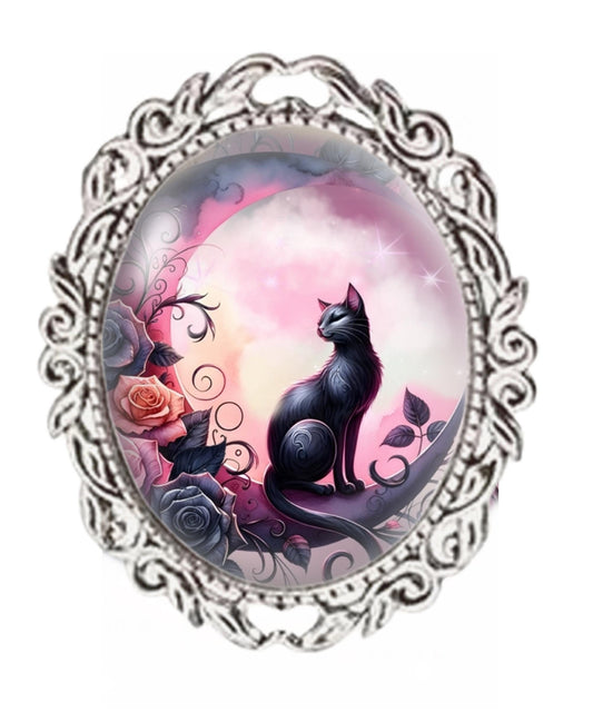 Silver Colour - Oval Glass Cabochon Brooch - Black Cat Purple Moon
