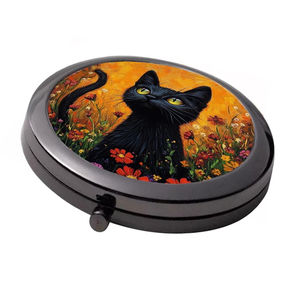 Black Cat Compact Mirror: Smoke Black Metal, Floral Style