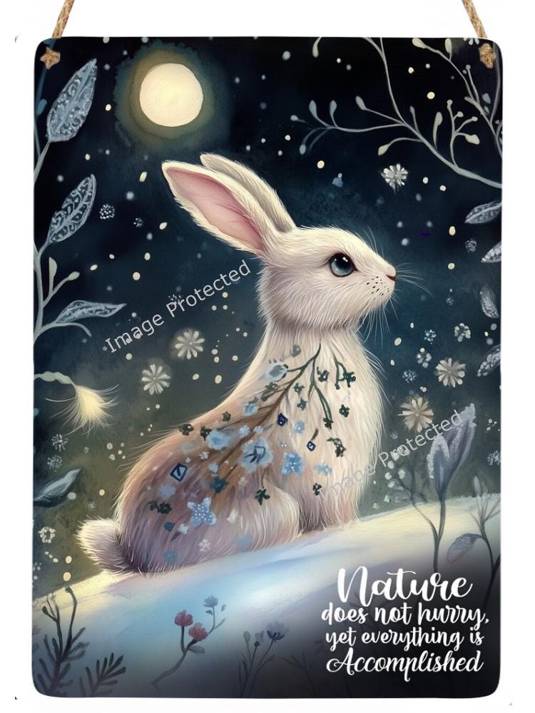 Hanging Metal Sign - Mystic White Rabbit - Motivational Quote, Nature Does Not Hurry...