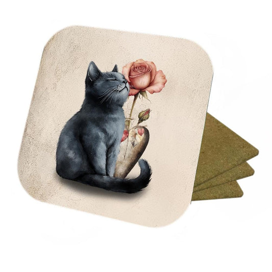 Cat & Rose Coasters: Vintage Style Cork Back Coasters - Set of 4