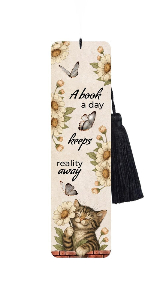 Large Metal Bookmark With Tassel - Tabby Cat & Flower Bookmark - Daisy