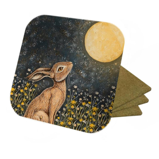 Hare Coasters Set: Moongazing Rabbit Cork Coasters