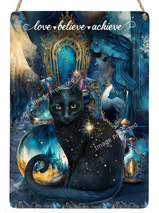 Black Cat Art Sign: Blue Scenery, Motivational Quote Hanging Metal Sign