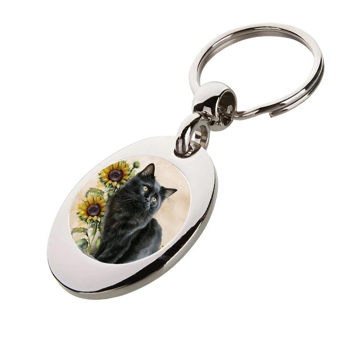 Black Cat & Sunflowers Trolley Keyring - Shopping Cart Token