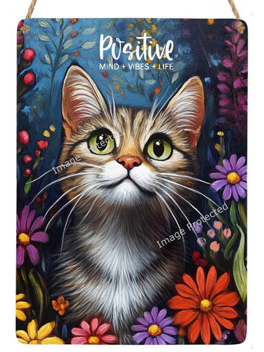 Hanging Metal Sign - Motivational Quote - Tabby Cat in The Flowers