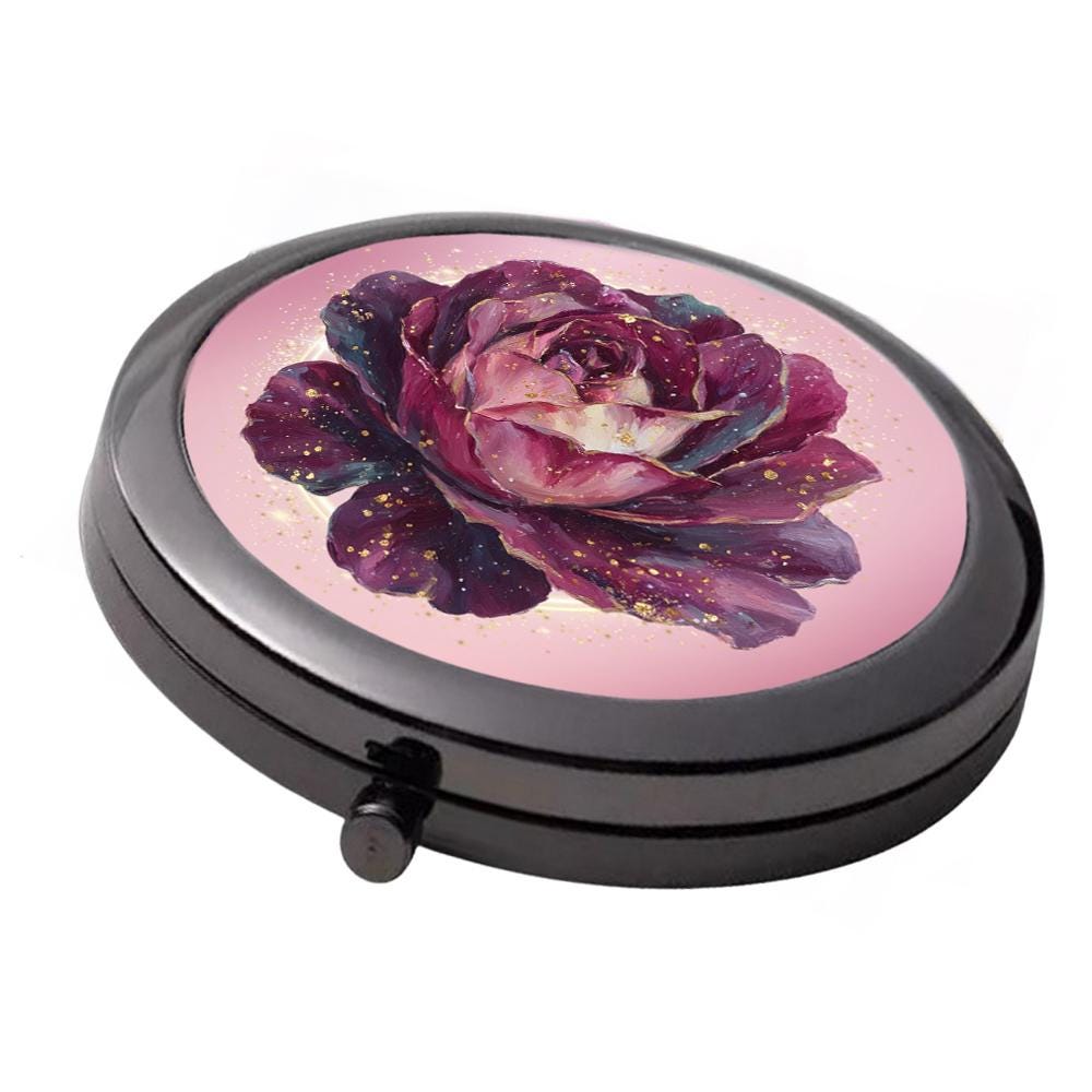Floral Mirror - Smoke Black - Large Double Compact Mirror - Big Pink Rose