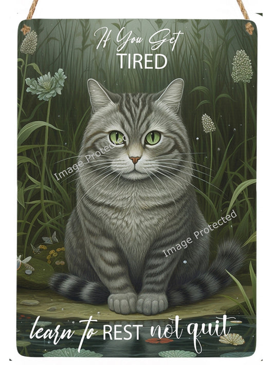 Handmade Tabby Cat Metal Sign: Motivational Quote Art
