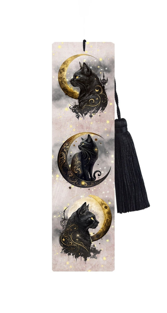 Black Cat Bookmark with Tassel: Celestial Moon Design