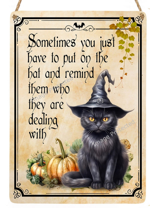 Hanging Black Cat Metal Sign - Witch Hat Decor
