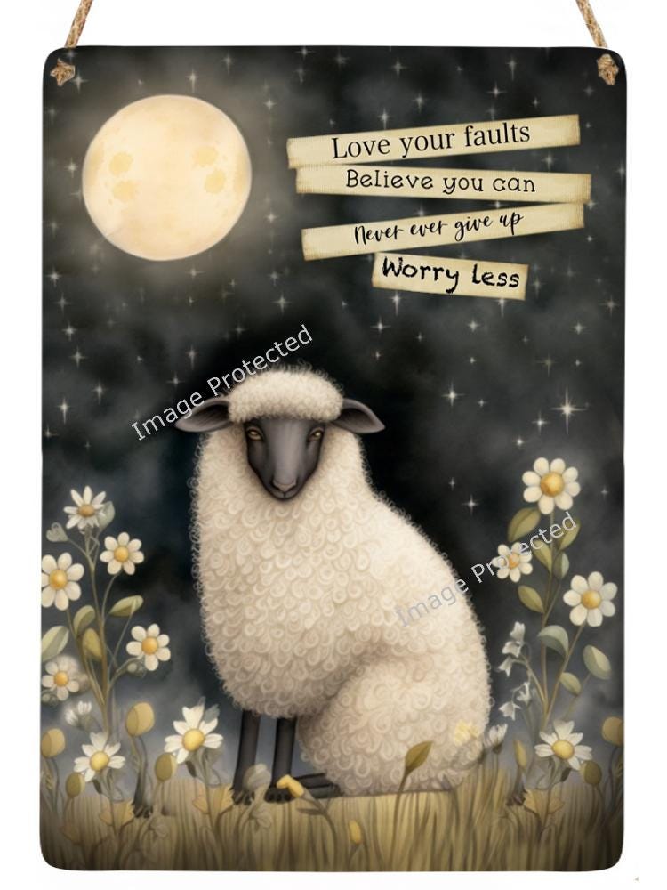 Whimsical Sheep Hanging Metal Sign: Inspirational Art