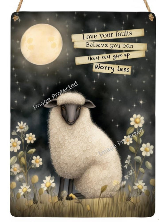 Whimsical Sheep Hanging Metal Sign: Inspirational Art