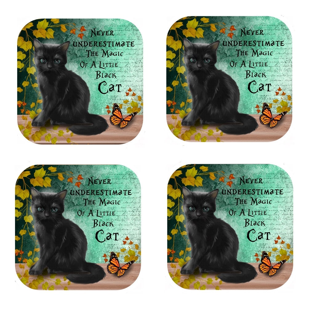 Black Cat Coasters: Cork Backed, Set of 4
