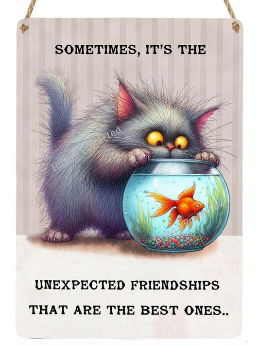 Cat & Fish Bowl Metal Sign: Unexpected Friendship Art