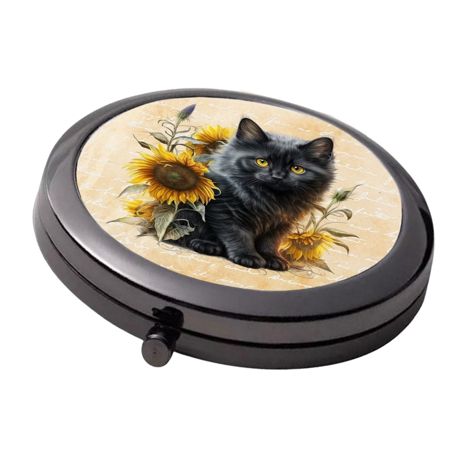 Black Kitten & Sunflowers - Smoke Black - Large Double Compact Mirror