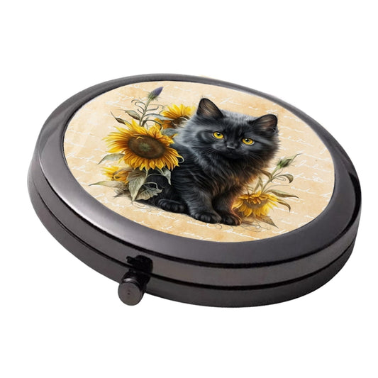 Black Kitten & Sunflowers - Smoke Black - Large Double Compact Mirror