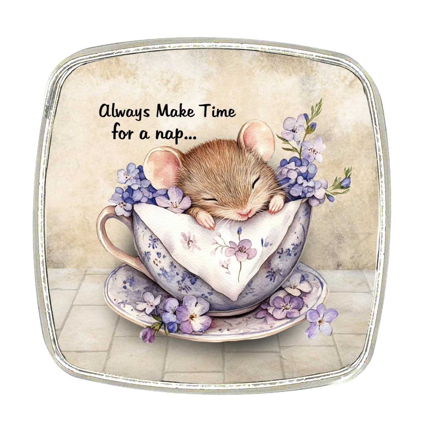 Little Mouse Sleeping In A teacup Chrome Magnet: Inspirational Quote (6cm)