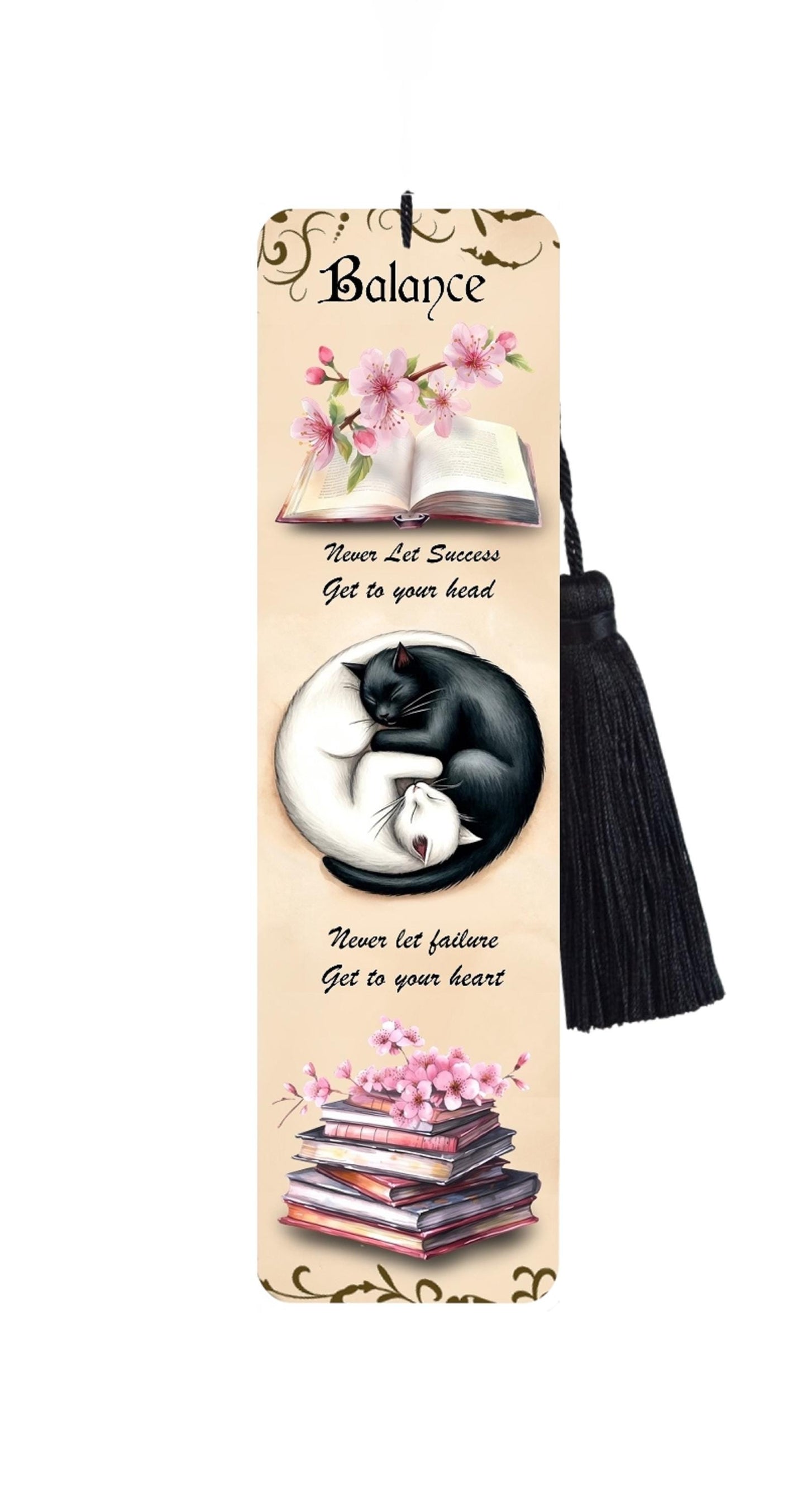 Large Metal Bookmark With Tassel - Black and White Cat Yin Yang - Motivational - Balance