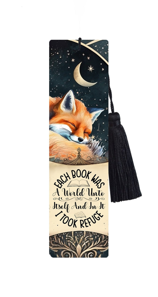 Large Metal Bookmark With Tassel - Sleeping fox Bookmark - Reading quote