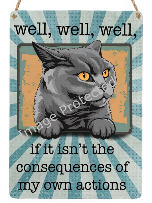 Funny Hanging Metal Cat Sign: "Consequences Of My Own Actions"