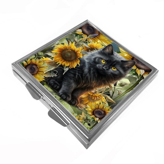 Square Pill/Trinket Box - Black Cat & Sunflowers