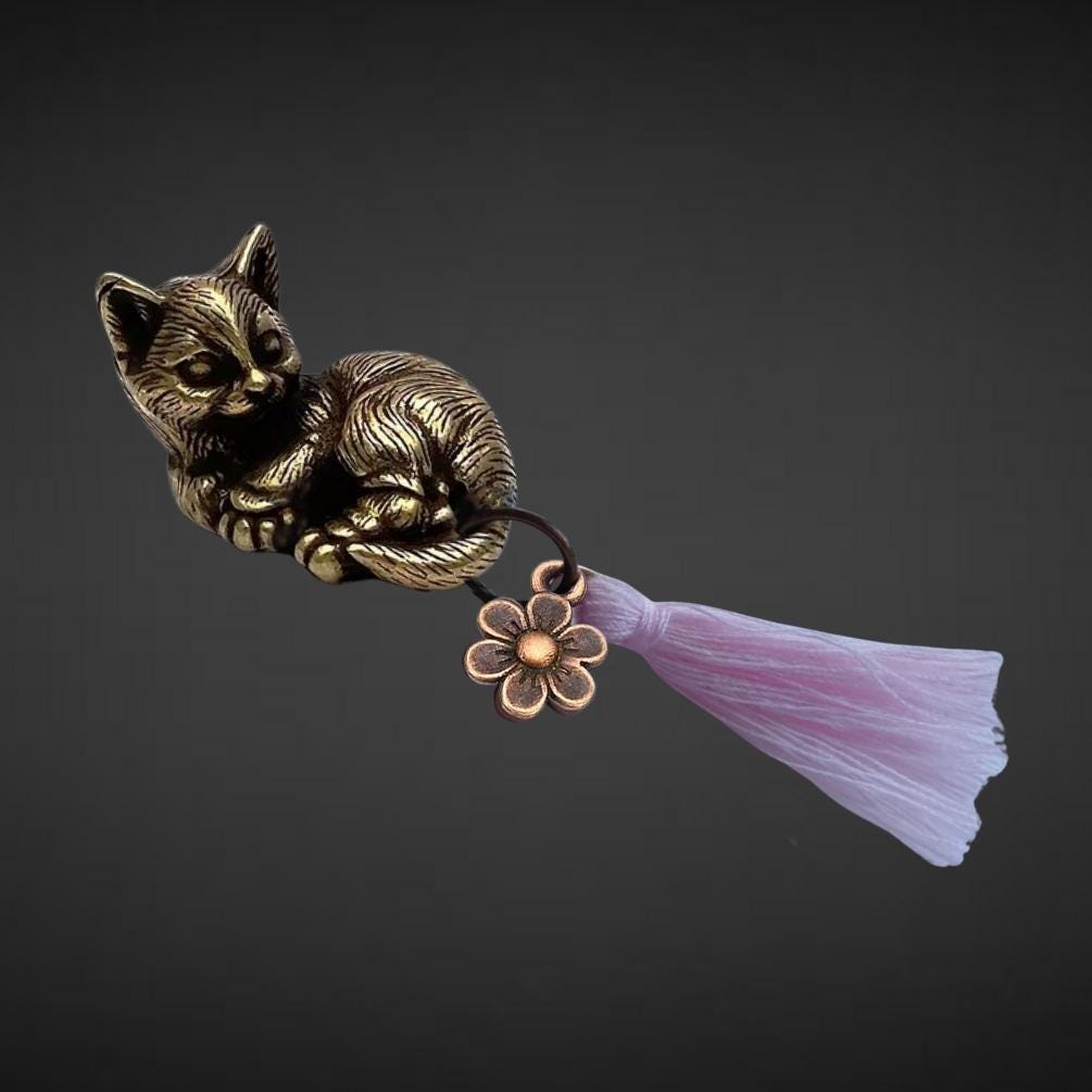 Brass Lucky Cat Charm with Tassel - Includes Bag & Card
