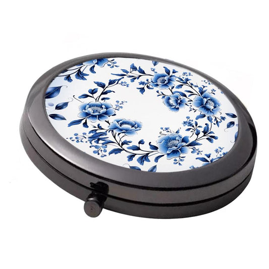 Chinoiserie style Mirror - Smoke Black - Large Double Compact Mirror - Blue and white floral